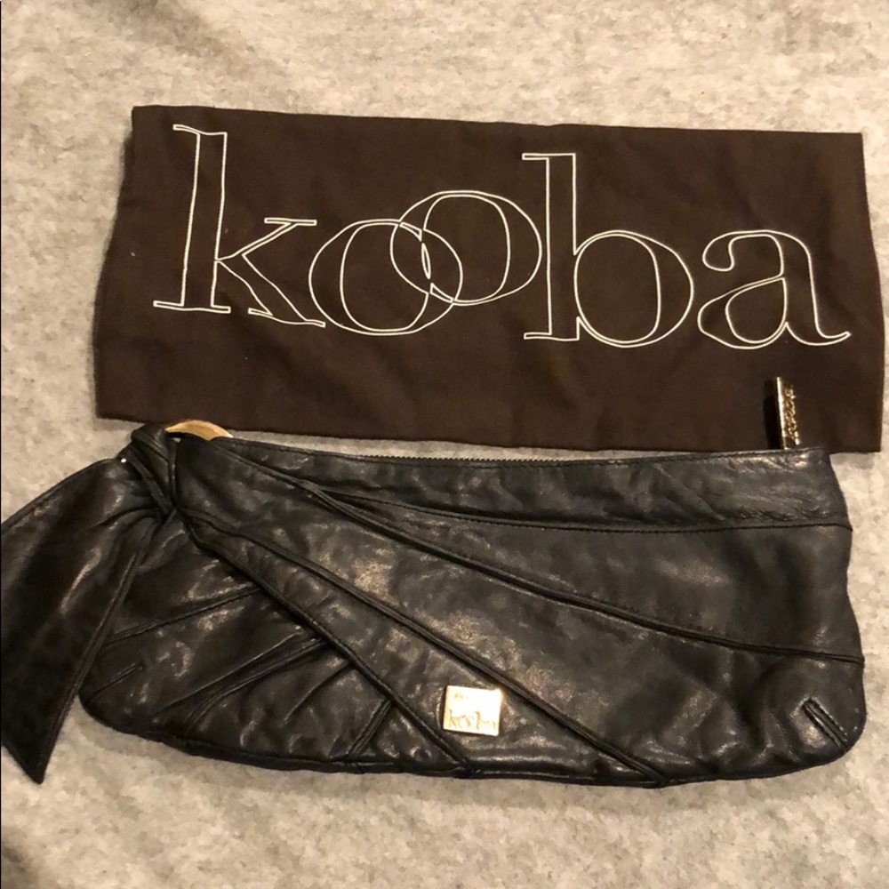 Kooba Y2K Black Leather Ruched Bow Clutch Bag Gold Hardware